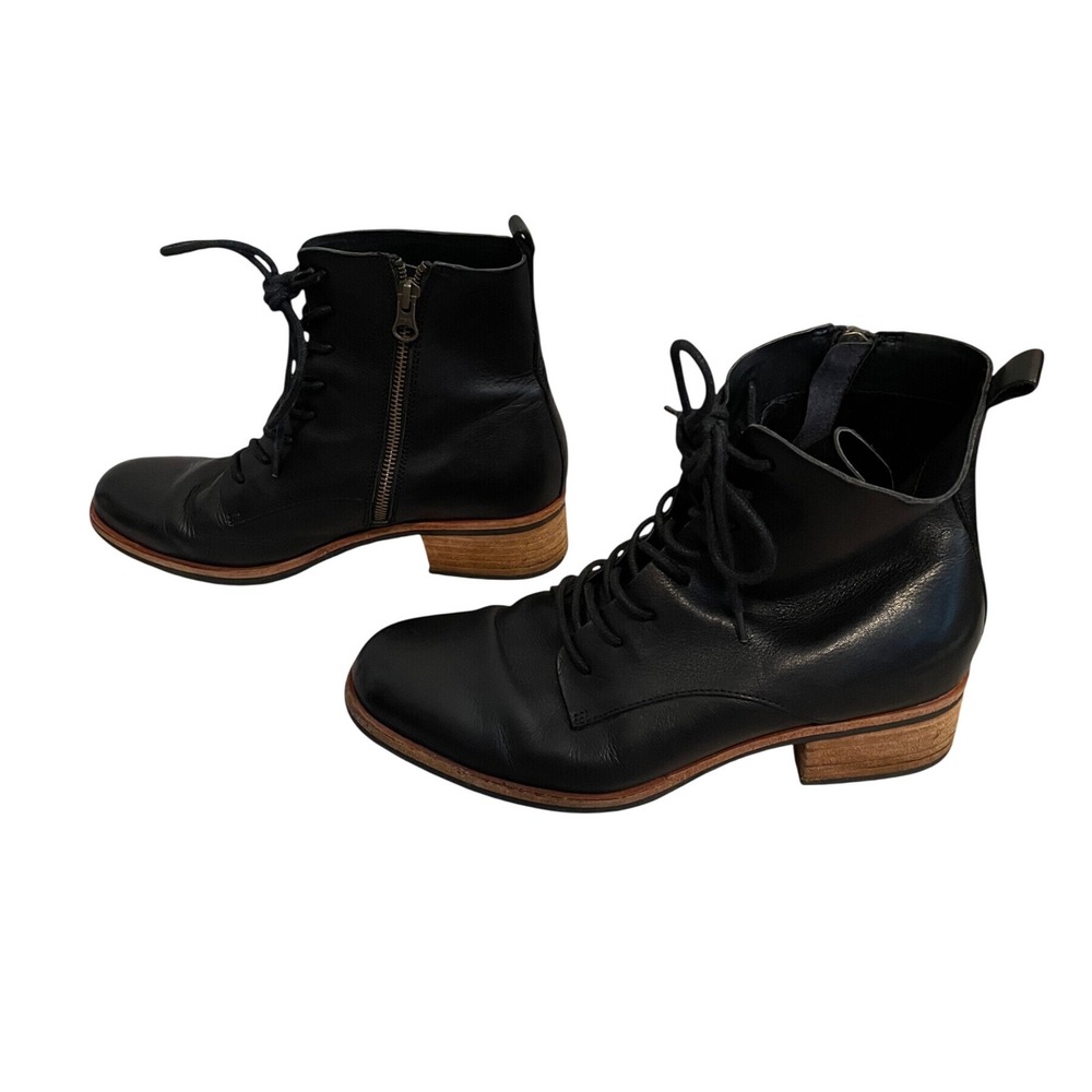 Kork-eaze Black Calista Leather Lace Up Ankle Combat Boots Zip Stacked Heel 8.5 - Picture 2 of 10